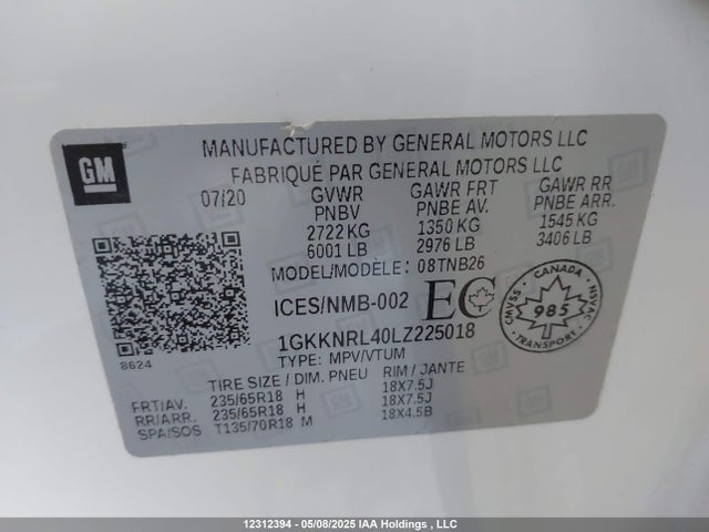 1GKKNRL40LZ225018 GMC lsy - sidi, vvt, alum, var 3