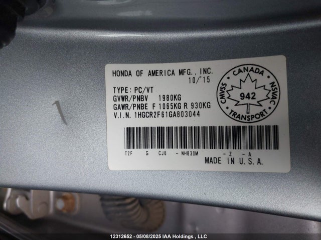 1HGCR2F61GA803044 Honda k24w1