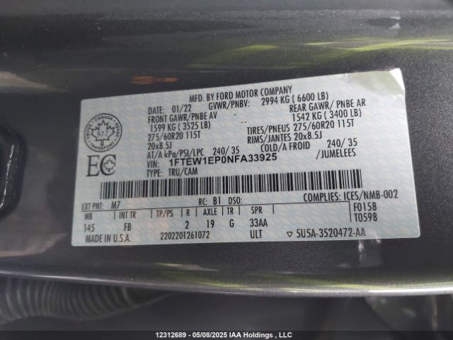 1FTEW1EP0NFA33925 Ford F-150 Xlt