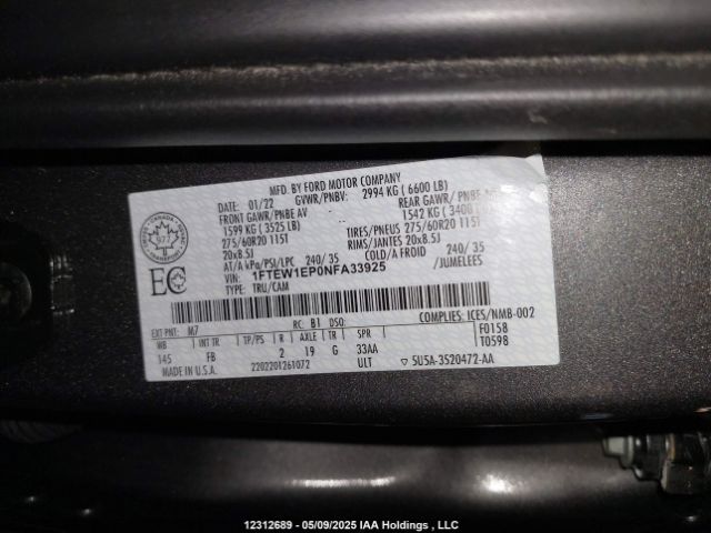 1FTEW1EP0NFA33925 Ford F-150 Xlt