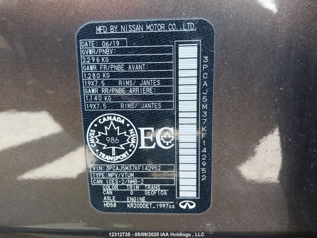 3PCAJ5M37KF142952 Infiniti 2019