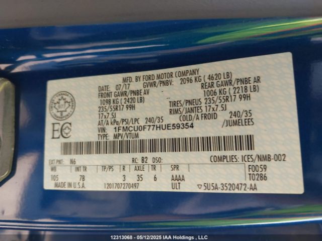 1FMCU0F77HUE59354 Ford ESCAPE S