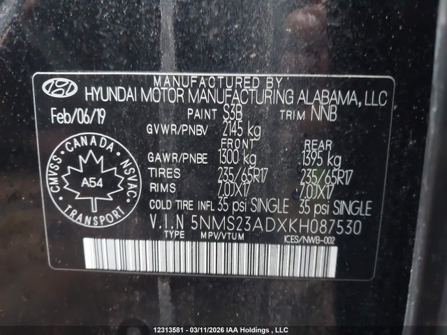 12313581 :رقم المزاد ، 5NMS23ADXKH087530 vin ، 2019 Hyundai Santa Fe Essential مزاد بيع