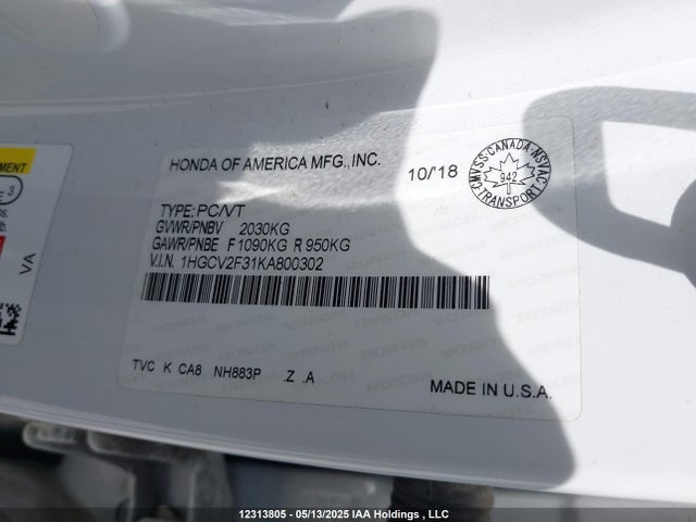 1HGCV2F31KA800302 Honda k20c4