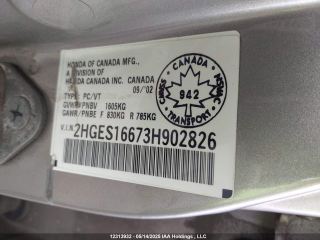 Aukcja sprzedaży 2003 Honda Civic Lx, vin: 2HGES16673H902826, numer aukcji: 12313932