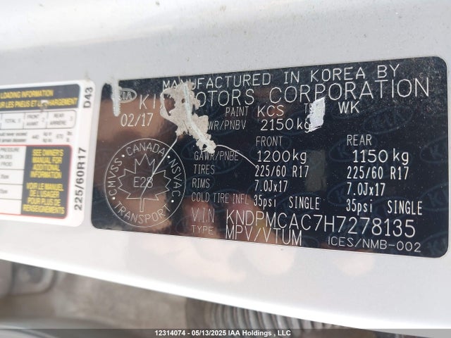 KNDPMCAC7H7278135 KIA gdi theta ii