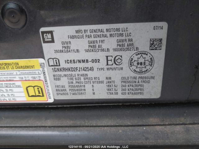 1GNKRHKD2FJ142549 Chevrolet Traverse 2lt