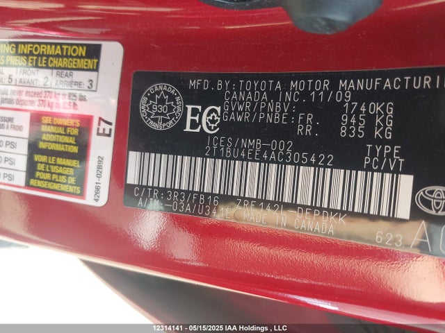12314141 :رقم المزاد ، 2T1BU4EE4AC305422 vin ، 2010 Toyota Corolla S/le/xle مزاد بيع
