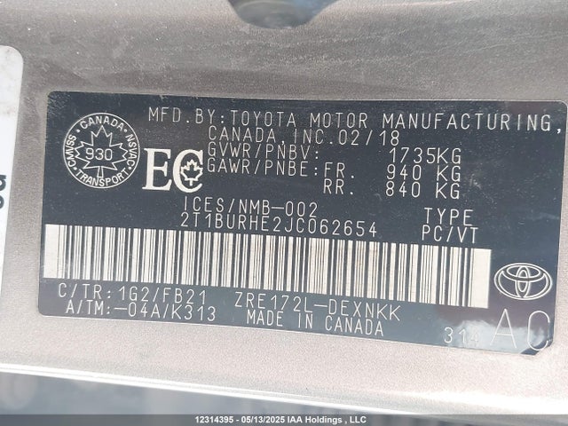 2T1BURHE2JC062654 Toyota 2zr-fe