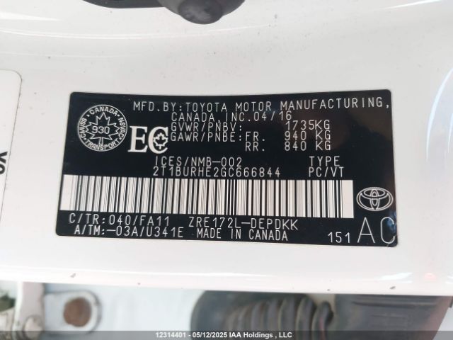 2T1BURHE2GC666844 Toyota 2zr-fe