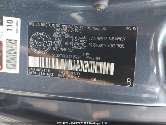 5TDKK3DC0FS645231 Toyota SIENNA LE
