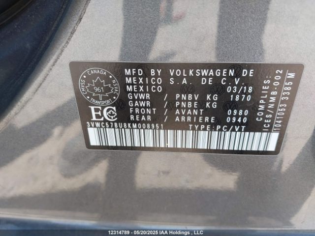 3VWC57BU8KM008951 Volkswagen 1.4 tsi