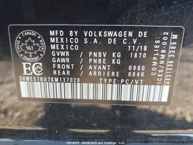 3VWE57BU7KM137028 Volkswagen 1.8 tsi