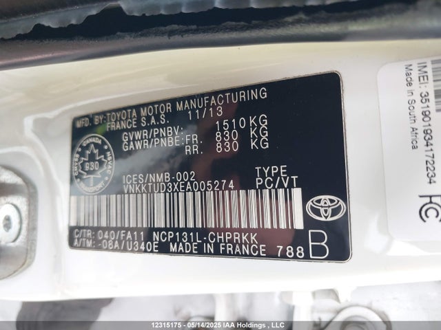 12315175 :رقم المزاد ، VNKKTUD3XEA005274 vin ، 2014 Toyota Yaris مزاد بيع