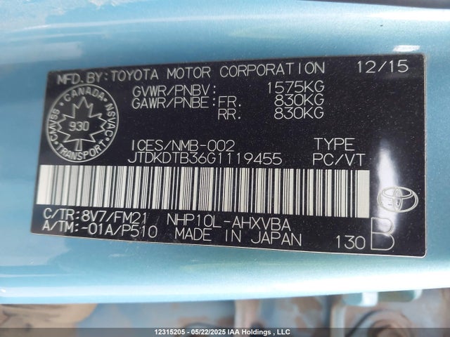 JTDKDTB36G1119455 Toyota 1nz-fxe+1lm