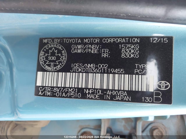 JTDKDTB36G1119455 Toyota 1nz-fxe+1lm