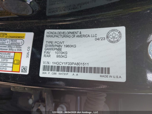 1HGCY1F33PA801511 Honda l15be
