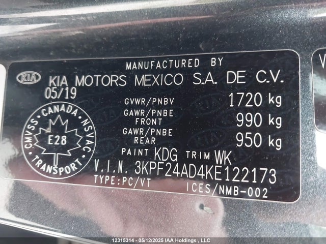 3KPF24AD4KE122173 KIA mpi nu