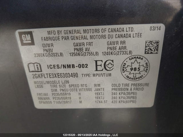 2GKFLTE3XE6303490 GMC lfx - vvt, e85 max, aluminum
