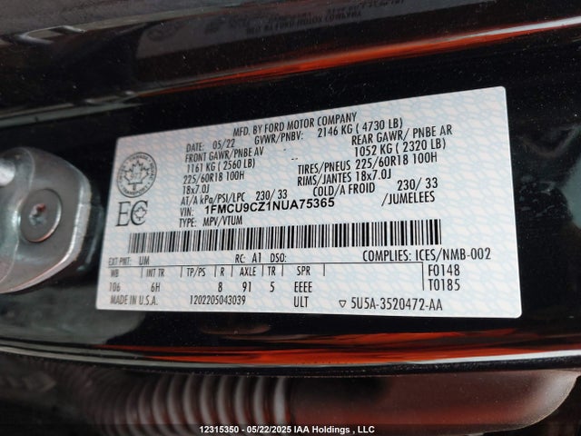 1FMCU9CZ1NUA75365 Ford hev/phev
