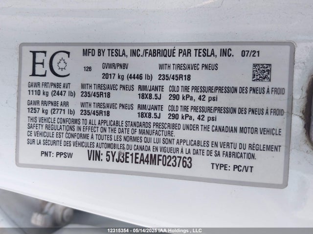 Продажа на аукционе авто 2021 Tesla Model 3 Standard Range/standard Range Plus, vin: 5YJ3E1EA4MF023763, номер лота: 12315354
