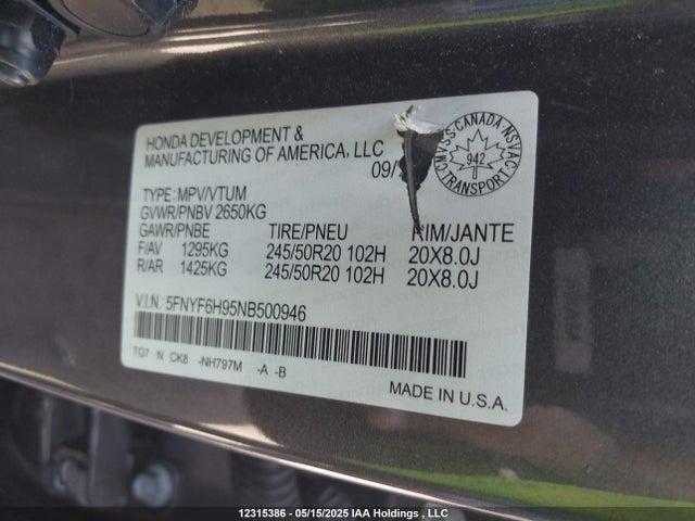 5FNYF6H95NB500946 Honda j35y6