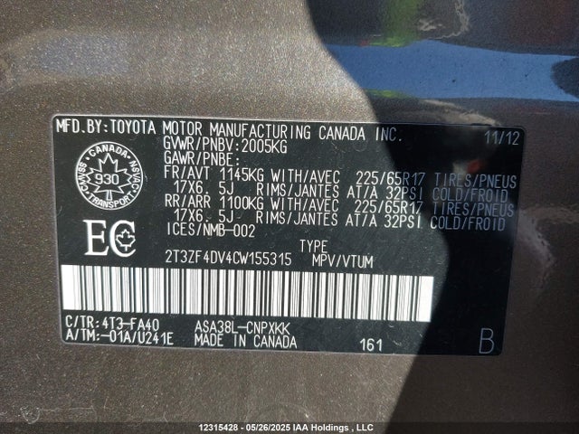 Продажа на аукционе авто 2012 Toyota Rav4, vin: 2T3ZF4DV4CW155315, номер лота: 12315428