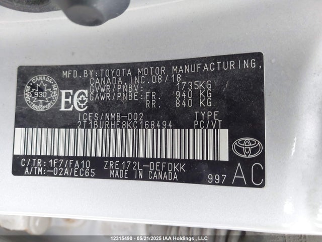 2T1BURHE8KC168494 Toyota COROLLA CE
