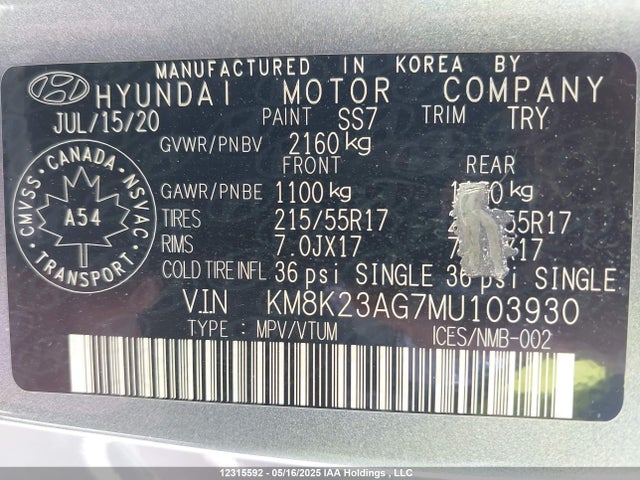 KM8K23AG7MU103930 Hyundai Kona