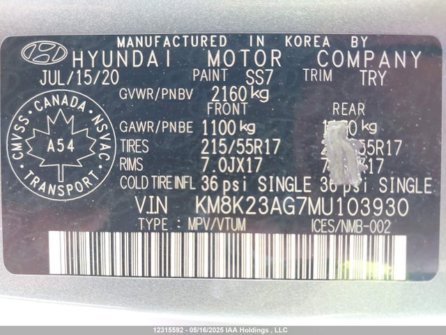 KM8K23AG7MU103930 Hyundai Kona