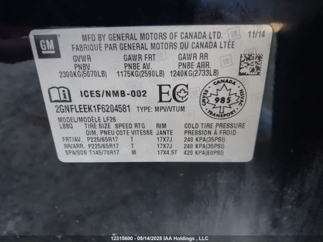 2GNFLEEK1F6204581 Chevrolet lea - flex fuel (gas/alc), aluminum, ho,