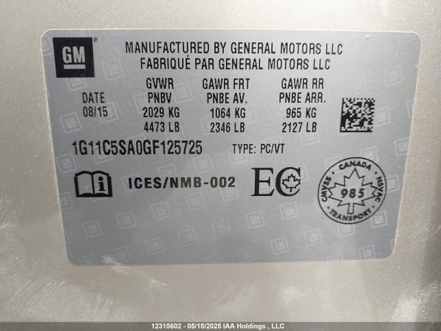 1G11C5SA0GF125725 Chevrolet lcv -sidi, dcvcp, vvt, dcvcp, e85 max, e0-e100, aluminum