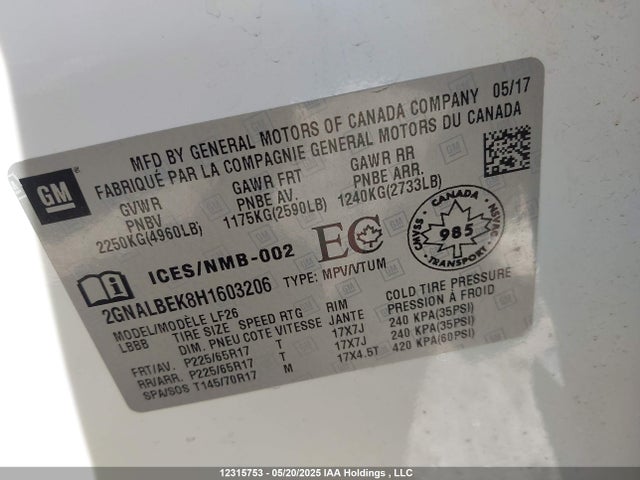 2GNALBEK8H1603206 Chevrolet lea - sidi: spark ignited direct injection, e85 max, alum