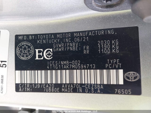 4T1G11AK7MU594713 Toyota a25a-fks