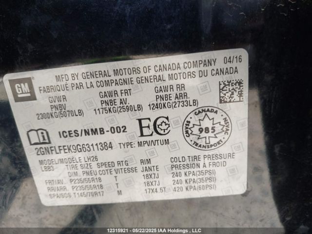 2GNFLFEK9G6311384 Chevrolet EQUINOX 1LT