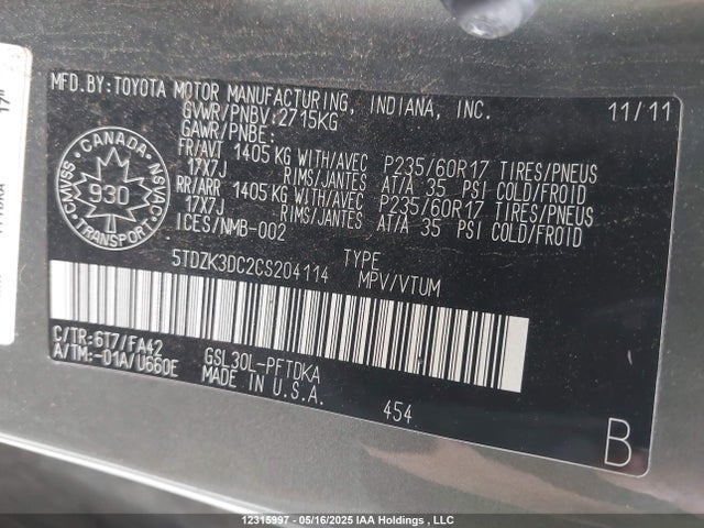 12315997 :رقم المزاد ، 5TDZK3DC2CS204114 vin ، 2012 Toyota Sienna مزاد بيع