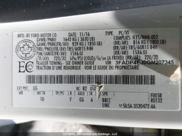 3FADP4EJ0GM207345 Ford FIESTA SE