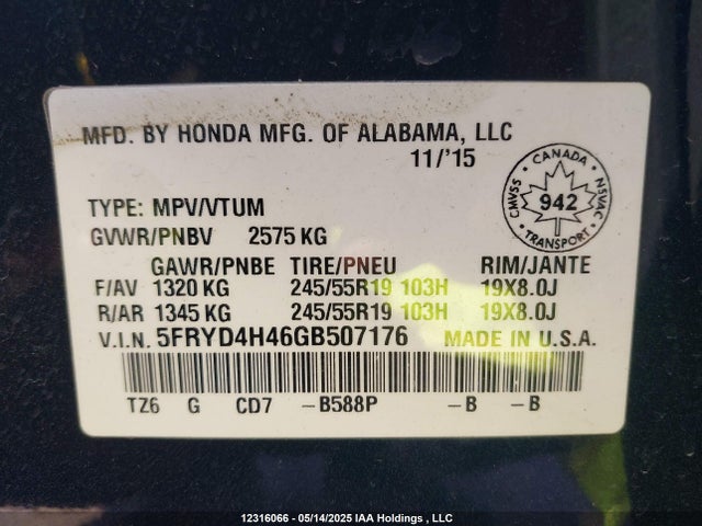 12316066 :رقم المزاد ، 5FRYD4H46GB507176 vin ، 2016 Acura Mdx مزاد بيع