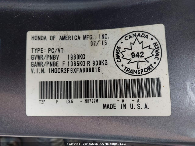 1HGCR2F9XFA806016 Honda Accord Touring