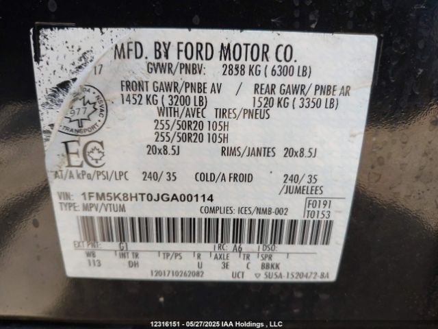 1FM5K8HT0JGA00114 Ford Explorer Platinum