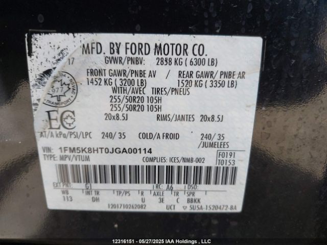 1FM5K8HT0JGA00114 Ford Explorer Platinum