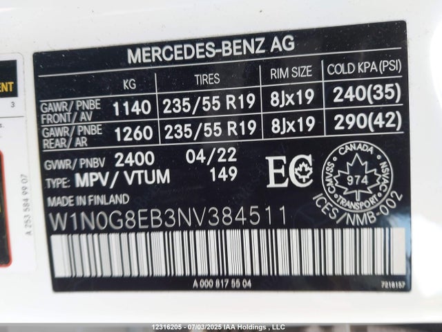W1N0G8EB3NV384511 Mercedes-Benz m274