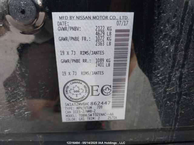 5N1AT2MV6HC862447 Nissan Rogue Sv/sl