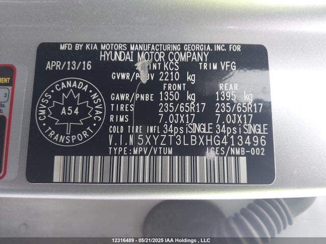 5XYZT3LBXHG413496 Hyundai gdi theta ii
