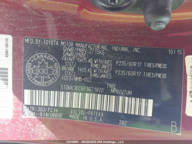 5TDKK3DC6FS671820 Toyota 2gr-fks