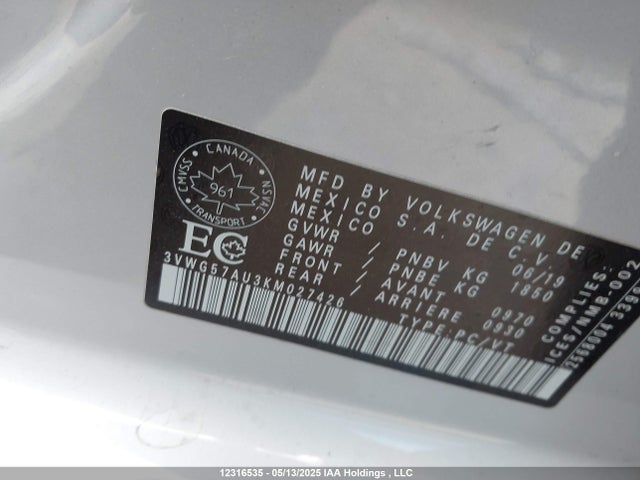 3VWG57AU3KM027426 Volkswagen GOLF S/SE