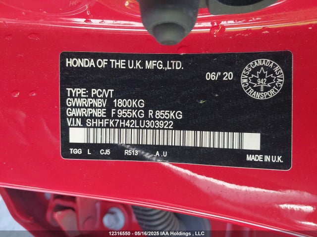 SHHFK7H42LU303922 Honda l15ba