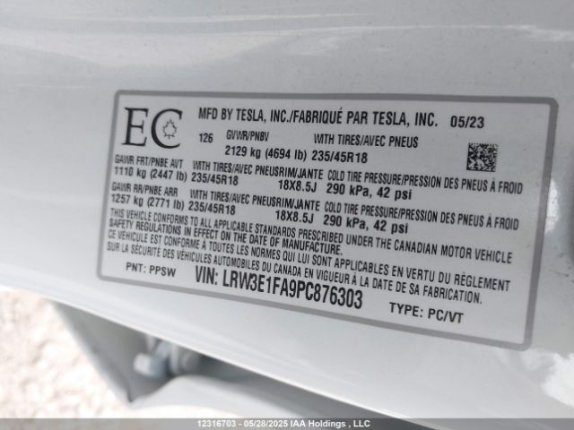 LRW3E1FA9PC876303 Tesla MODEL 3