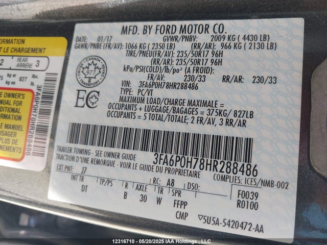 Ford FUSION SE 2017 3FA6P0H78HR288486 Image 9