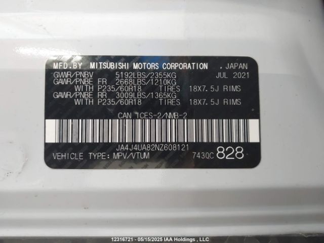 JA4J4UA82NZ608121 Mitsubishi Outlander Se/black Edition